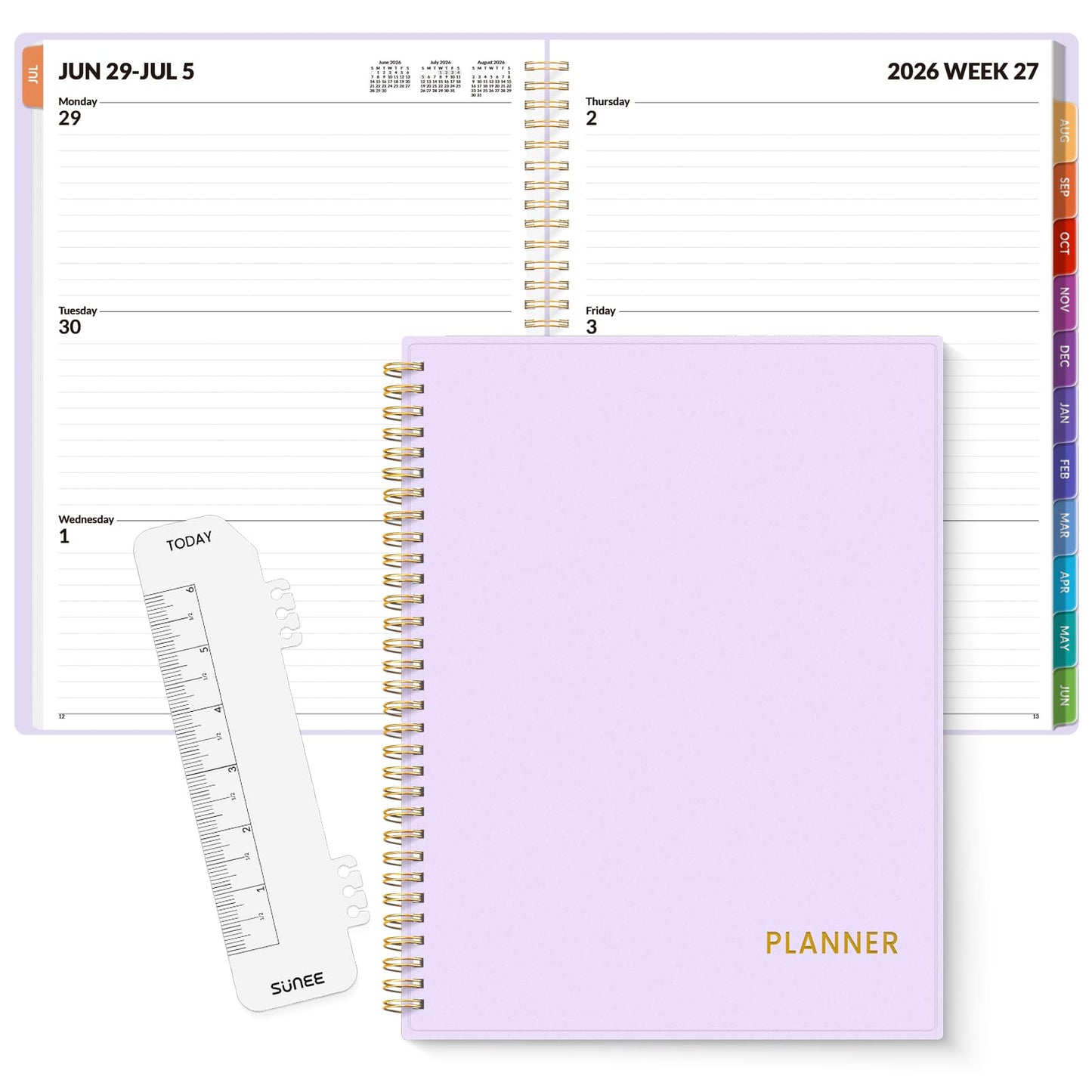 SUNEE Academic Planner 2026-2027 – Weekly & Monthly Planner, July 2026 to June 2027, 8.5"x11", Thick Paper, Tabs, Pockets, Bookmark, Spiral-Bound, Student Teacher Organizer, Purple