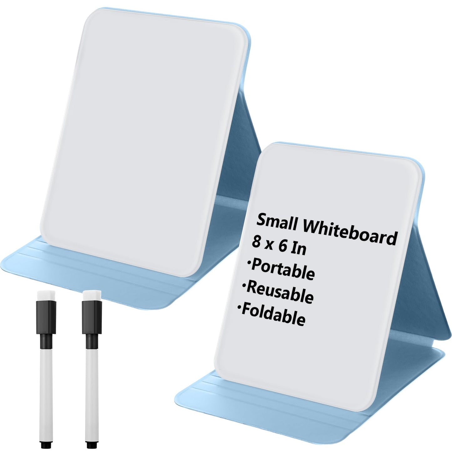 Dunzoom 2 Sets 4 Pcs Small Glass Desktop Whiteboard with Reversable Stand 8x6 Inch Mini Dry Erase White Board Easel with 2 Markers Reusable Desk Notepad for Home Office School Supplies (Blue)