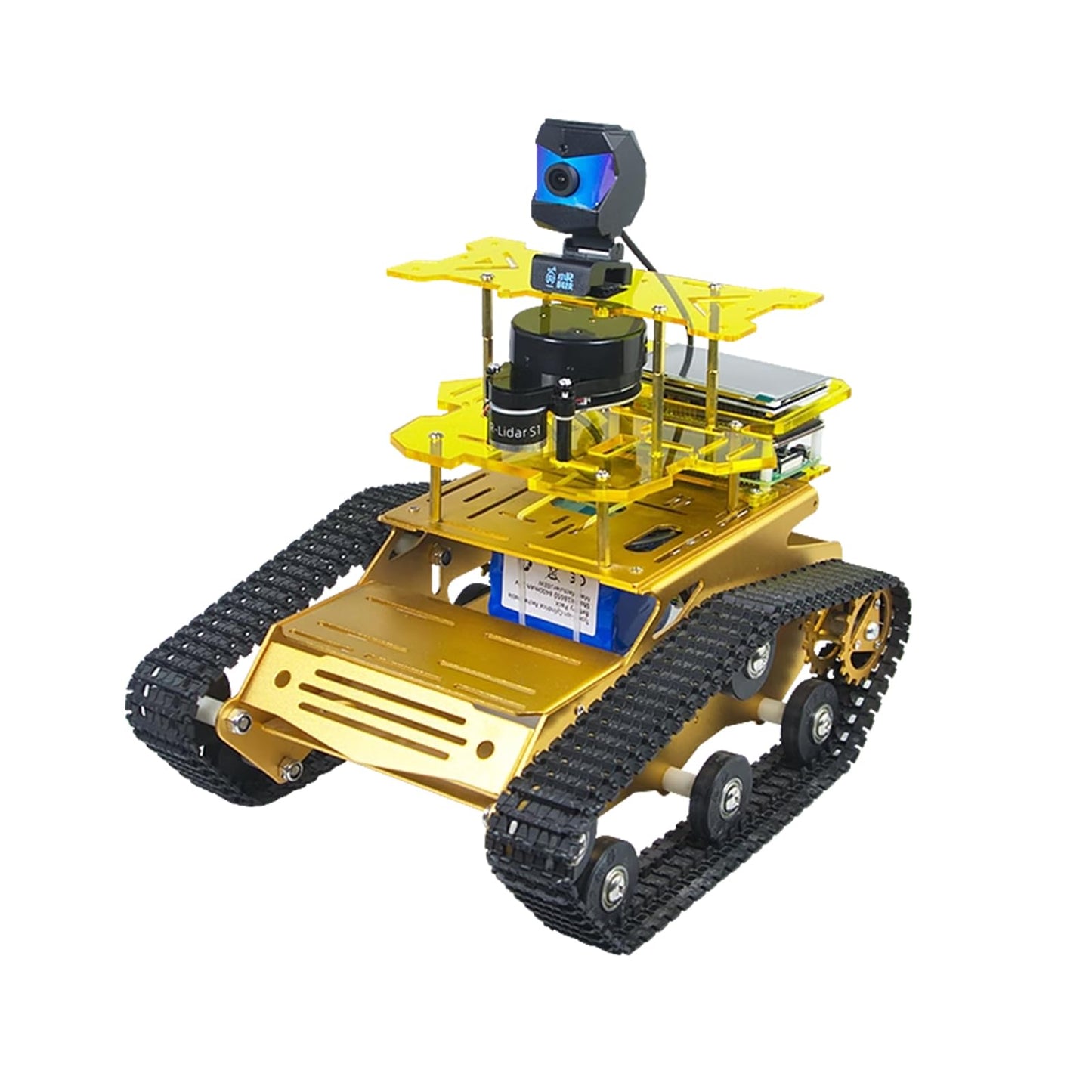 Smart Tank Robot Car ROS SLAM with LIDAR, Aluminum Alloy Chassis, Display, HD Camera, Support SLAM Mapping Navigation and Autonomous Driving (with Raspberry Pi 4B 4GB), AI Tracked Car (Yellow)