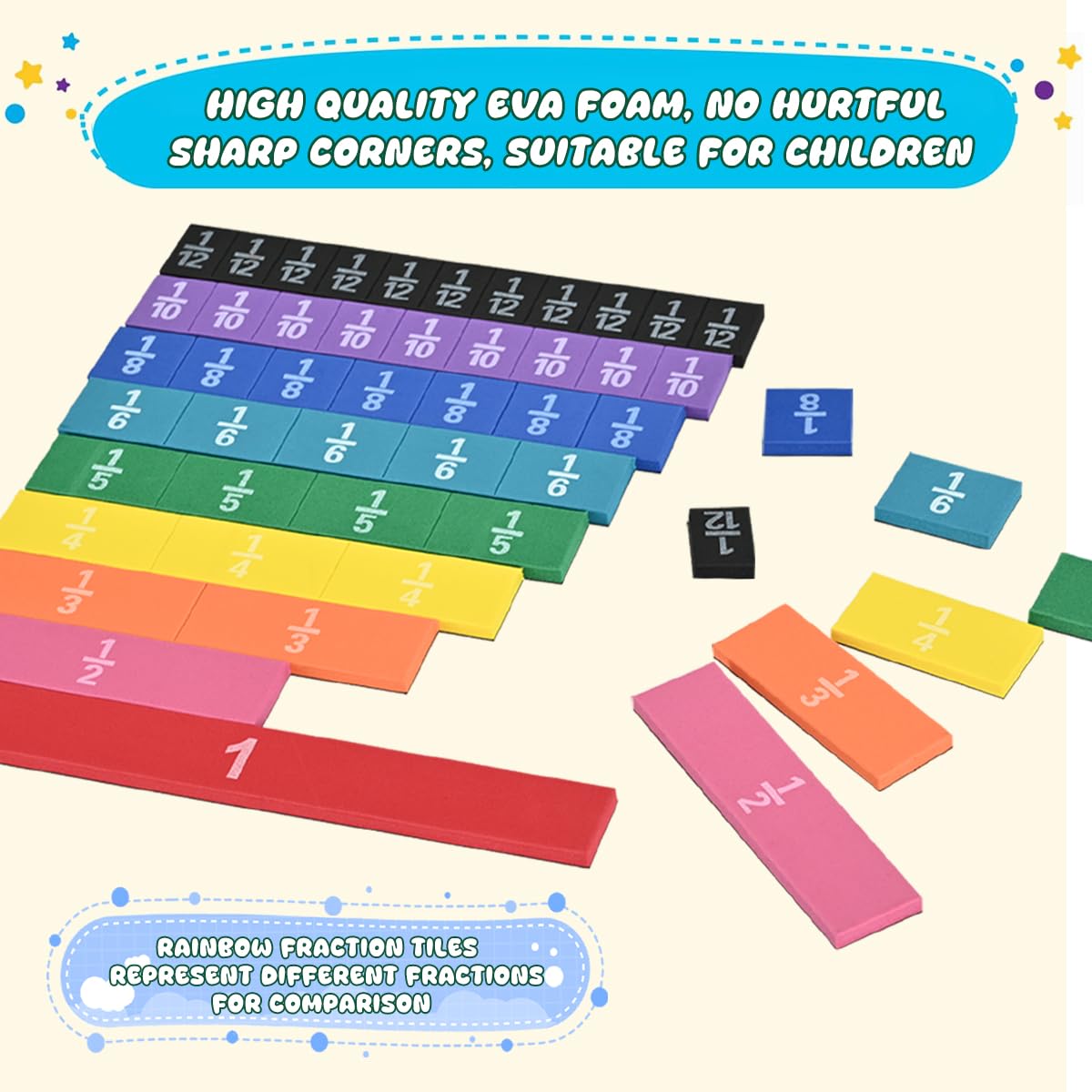 6 Sets Magnetic Fraction Tiles for Classroom EVA Foam Manipulatives CCSS, STEM, ASTM Rainbow Fraction Tiles Math Learning Manipulatives Set Fraction Bars for Preschool Elementary School