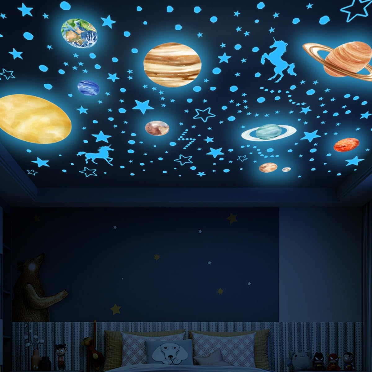 Glow in The Dark Stars and Planets Wall Decals Bright Solar System Wall StickersSpace Stickers for Kids Room Decor (Blue) Birthday Christmas Gift for Boys and Girls