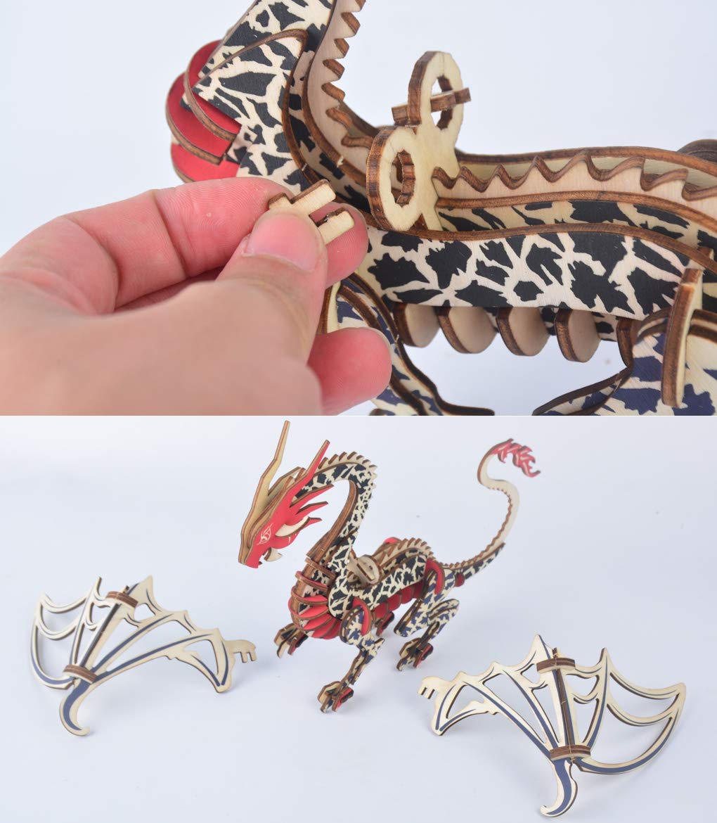 Bitopbi 3D Wooden Puzzles Laser Engraving DIY Safe Assembly Constructor Kit Toy for Teens and Adults World Animal Mechanical 3-D Models for Self-Assembly (Flying Dragon)