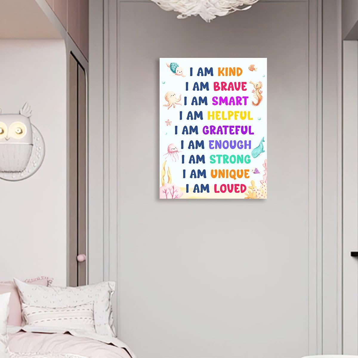 OTINGQD Positive Affirmations Wall Decor for Kids,I Am Kind Smart Canvas Wall Art,Nursery Marine Animal Wall Art,Inspirational Wall Decor for Kids Room Classroom Nursery