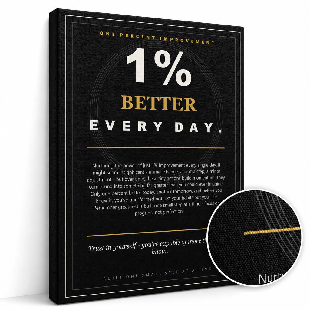 PJQART Inspirational Posters for Office 1 Percent Improvement Quote Wall Art, Black Gold Canvas Poster for Home Office Dorm Classroom, Single Panel Framed Decor 24x18 Inch
