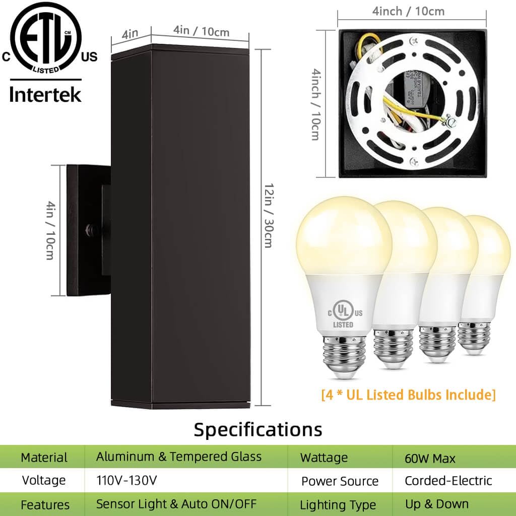 KIZON Outdoor Wall Lights, Dusk to Dawn Sensor, 2 Pack, Aluminum, Oil Rubbed Bronze Finish, Model K213