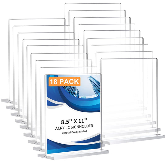 18 Pack Acrylic Sign Holder 8.5 x 11, Double-Sided Clear Sign Holder Plastic Stands for Display, T Shape Acrylic Table Sign Stands for Office Store Restaurants Wedding Party Decoration