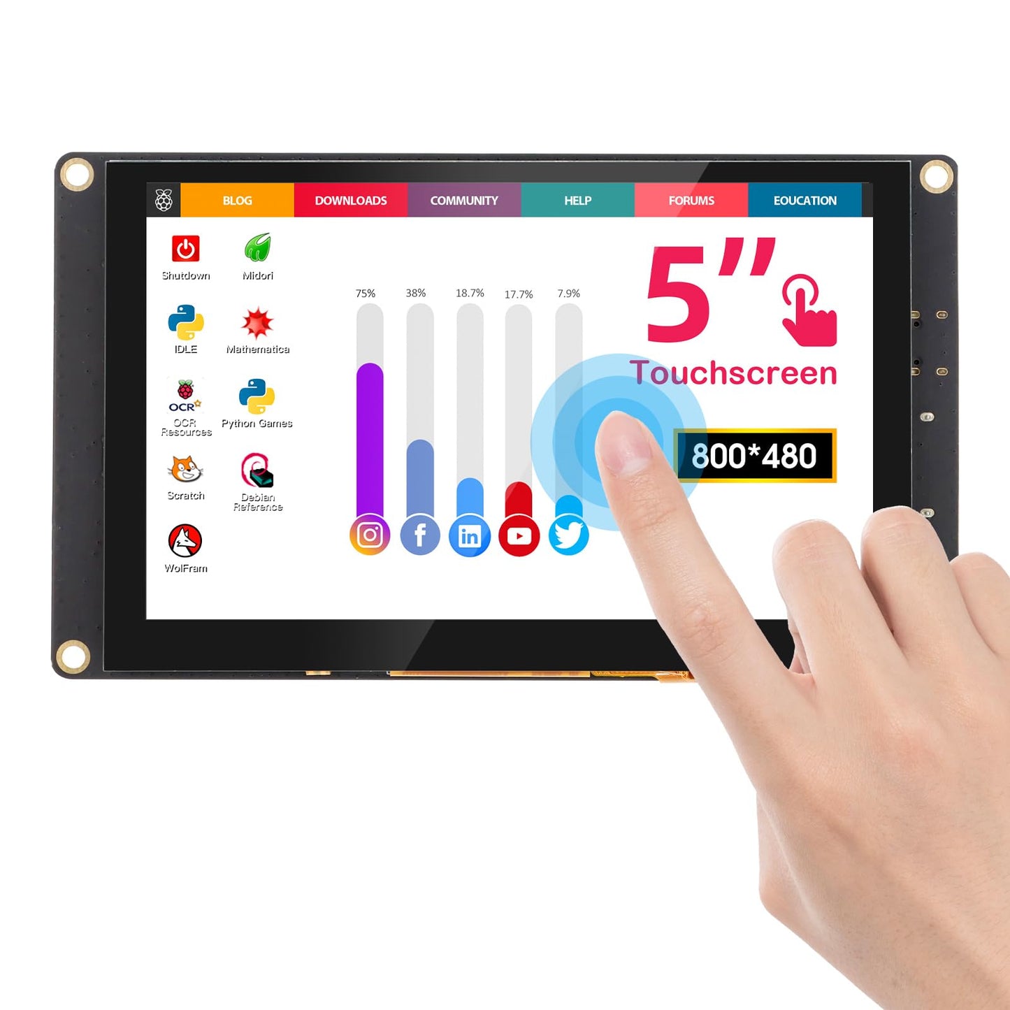ELECROW 5 Inch Mini Touchscreen Monitor, TN Capacitive 5-Point Touch Screen 800×480 HD LCD Display Compatible with Raspberry Pi 5/4/4B/3B+/3B/B+, PC, Laptop, Driver-Free