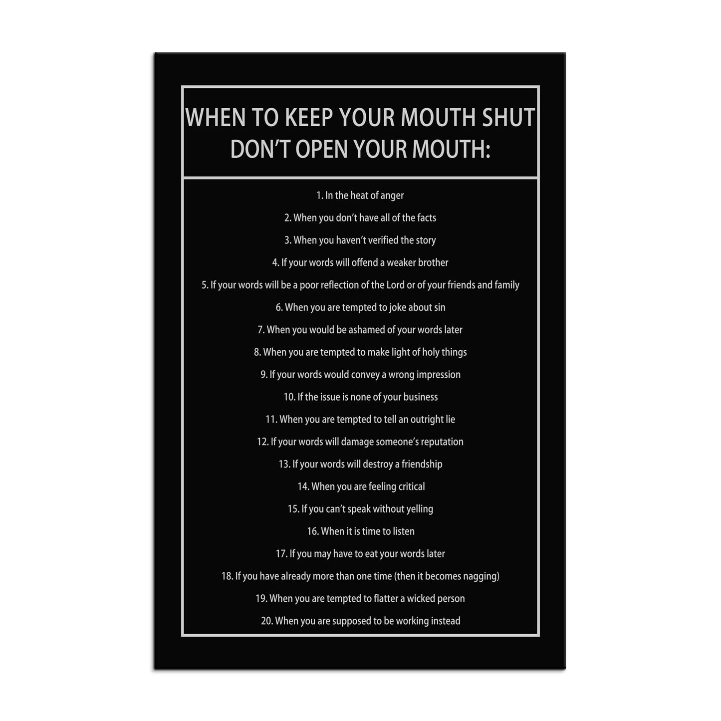 Inspirational Canvas Wall Art When to Keep Your Mouth Shut Don't Open Your Mouth Life Motivational Poster Life Learning Quote Picture Home Office Decor Painting Framed and Stretched[24''W x 36''H]