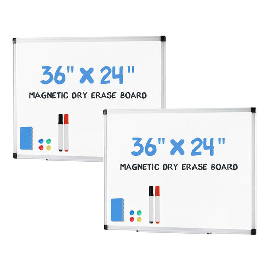 DUMOS Magnetic White Board Kit Set of 2, 36" x 24" Dry Erase Board with 1 Dry Eraser & 2 Multicolor Markers & 4 Magnetic Pins, Silver Reinforced Aluminum Frame for Home, School, Office