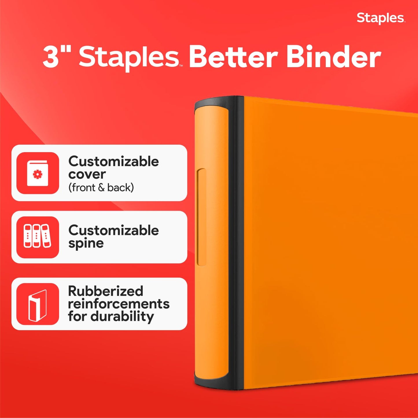 Staples 3" D‑Ring Heavy‑Duty View Binder, Orange, Durable 3‑Ring Binder with Reinforced Construction, Holds Up to 600 Sheets for School & Office