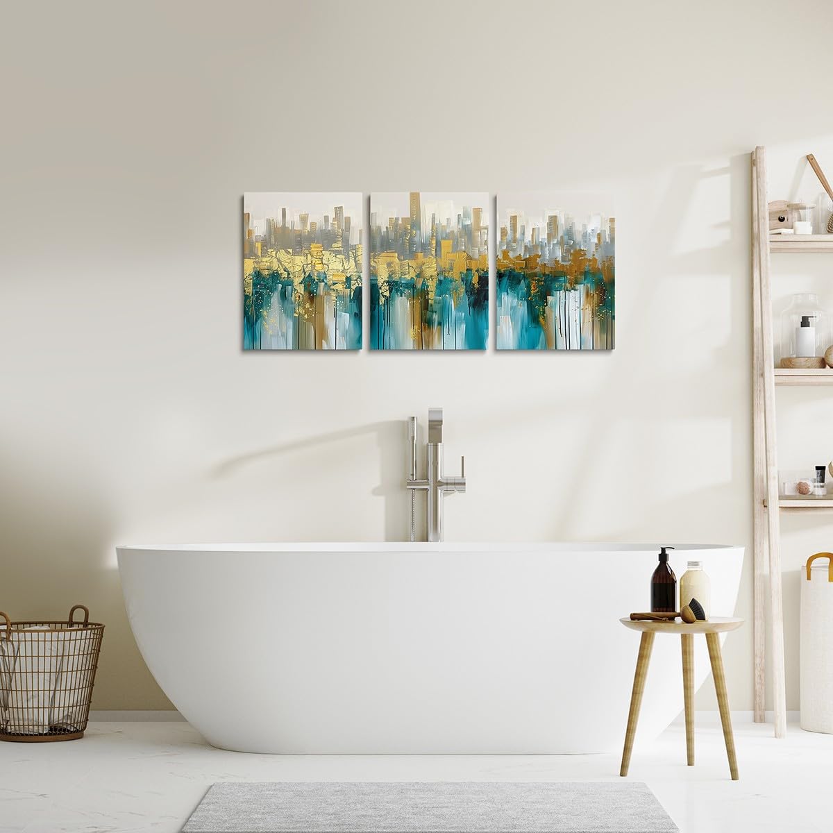 Teal Abstract Canvas Wall Art Set of 3 for Bedroom Living Room, Modern Golden Textured Paintings Wall Decor Turquoise Ombre Artwork Wall Art Blue Green Marble Print Poster Prints