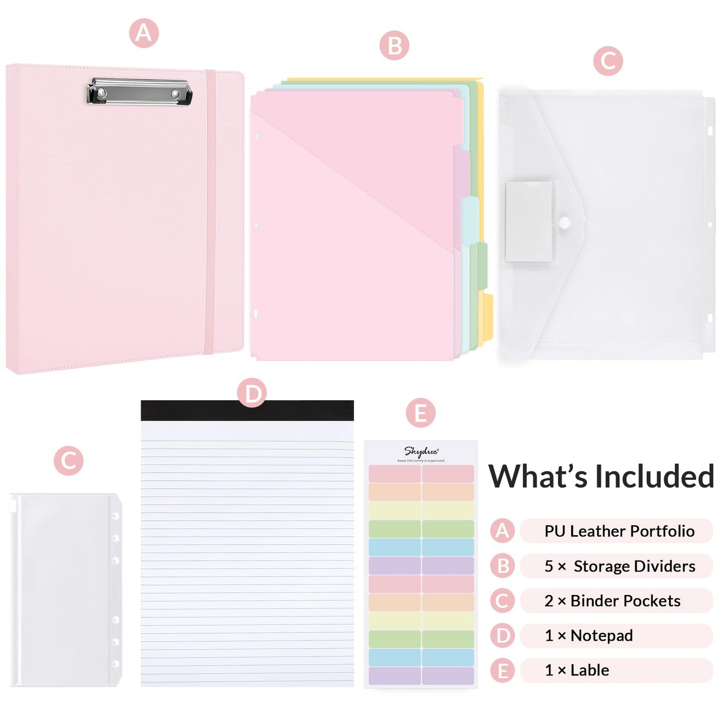 SKYDUE 3 Ring Binder with Clipboard, 13.2" × 10.2" Faux Leather 1 Inch Binder Organizer with 5 Pocket Dividers, Notepad, Labels & 2 Storage Pockets for Teachers, Students, Nurses & Office Work