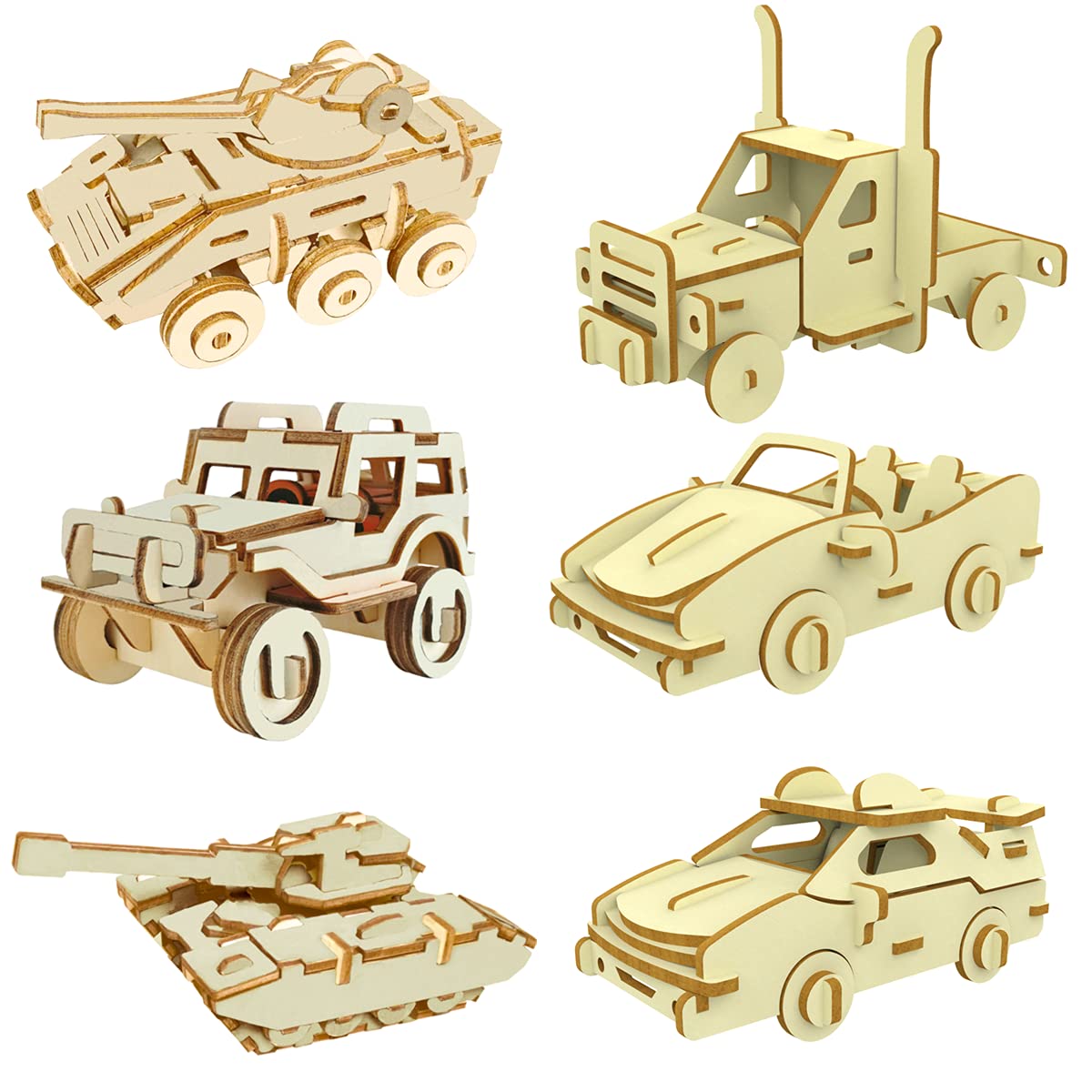 3D Wooden Puzzle - 6 Piece Set Wooden Car Brain Teaser Puzzle - DIY Assembly Car Building Model Kits - Wood STEM Toys Gifts for for Adults & Teens Birthday Gifts Christmas