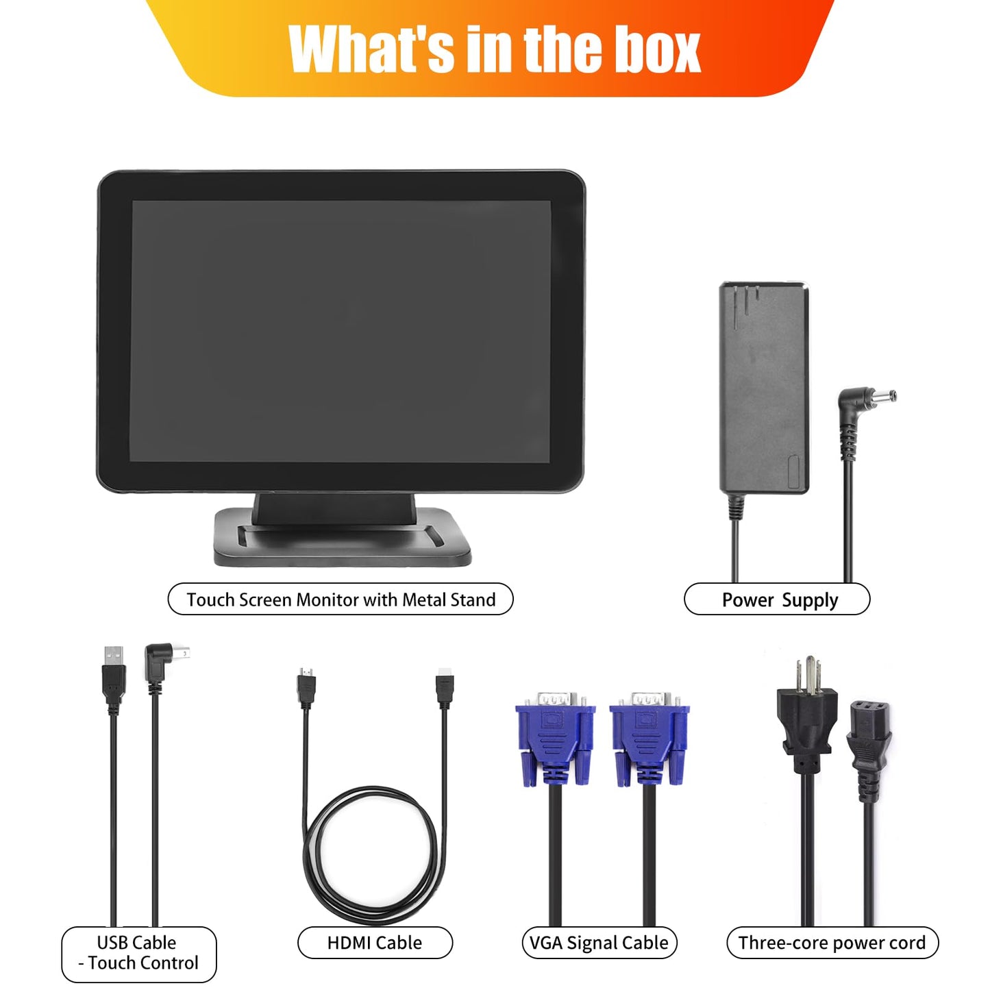 ANGEL POS 15.6 Inch 1920 x 1080 FHD IPS Touchscreen POS Monitor with Metal Stand, 10 Points Touch HDMI VGA, Waterproof Dustproof Screen 1080P, Indusitrial, Office, Retail, Gym, Warehouse (Black)