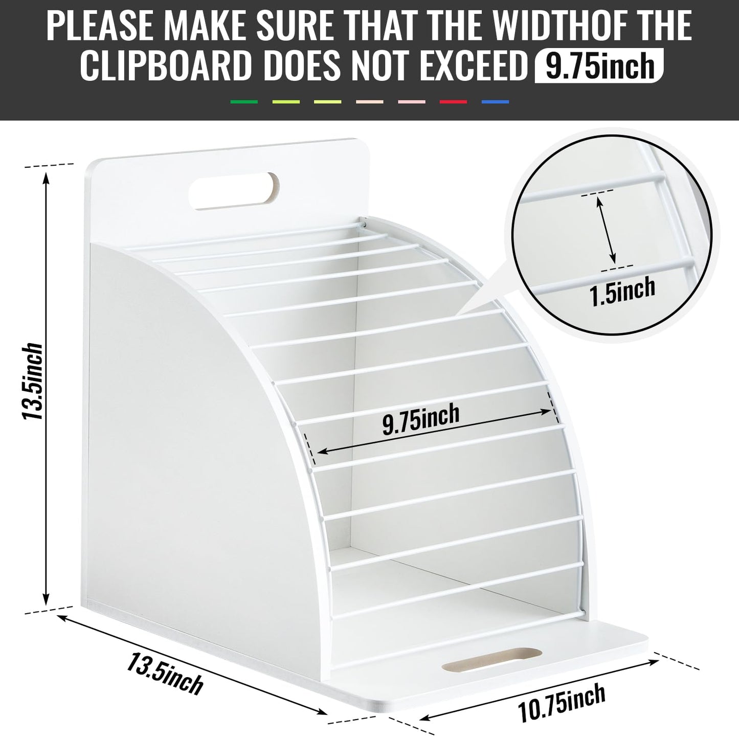 Wonderjune 1 Pcs Clipboard Holder Wooden Metal Clipboards Storage Rack with Raised Side Panel Clipboard Organization and Storage for Classroom Office School Teacher, White, Clip Boards Not Included