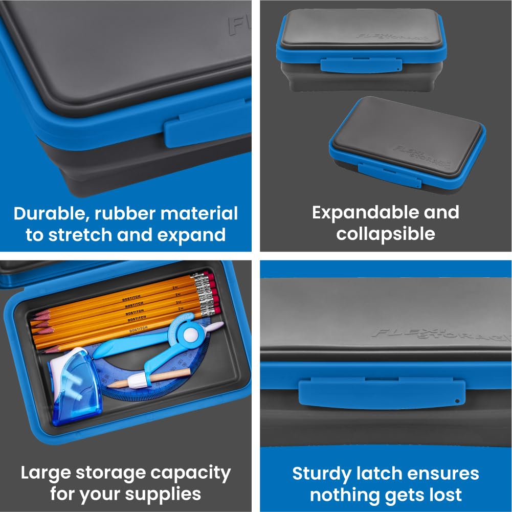 LockerMate by Bostitch Flexi Storage Box 4 Piece Kit, Collapsible Pencil Case Design for Craft and School Supplies, Gray/Blue
