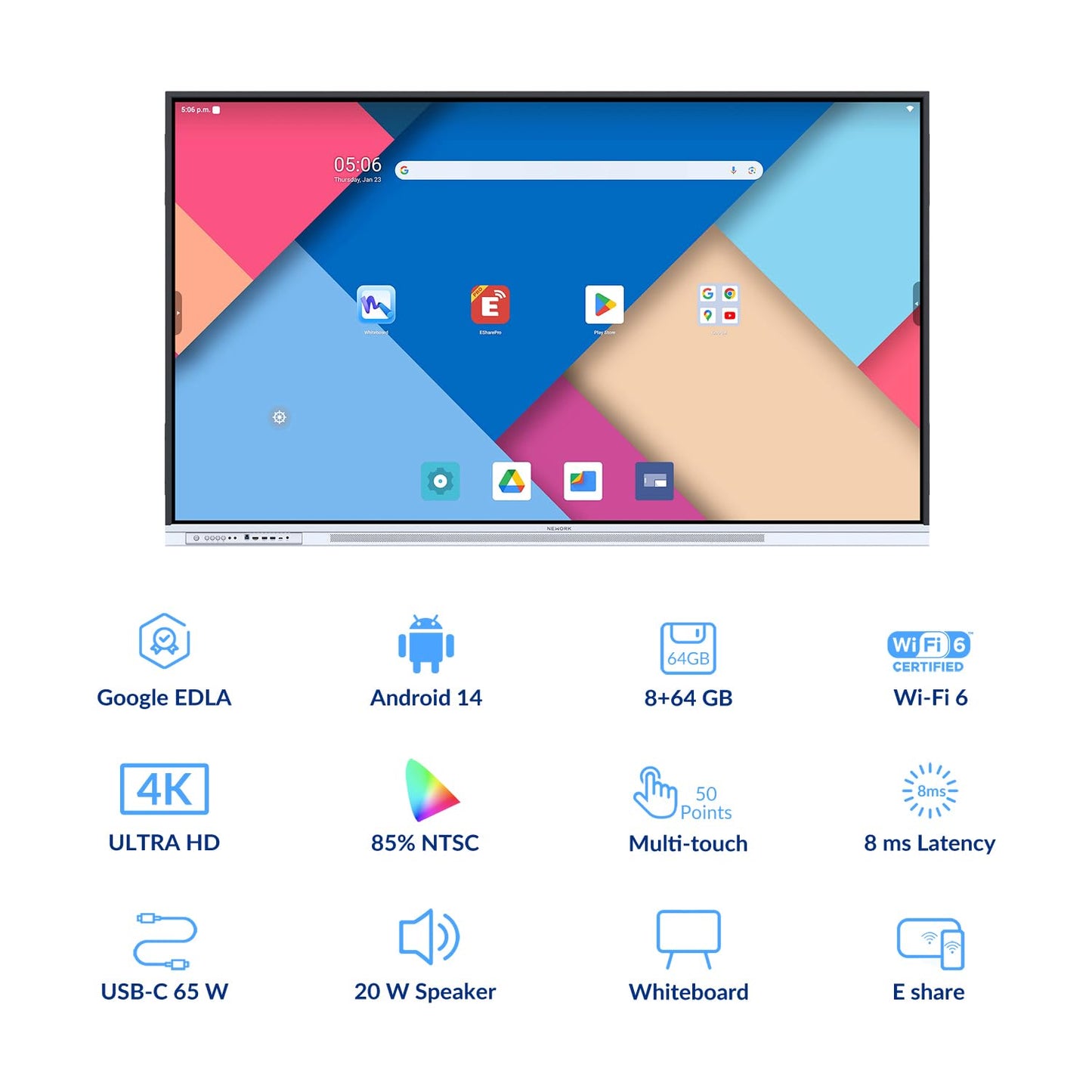 NEWORK 75 Inch 4K Smart Board - Google EDLA-Certified Interactive Whiteboard, Android 14, 50-Point Touch, Wireless Casting - Digital Whiteboard for Classrooms & Hybrid Offices (Board Only)