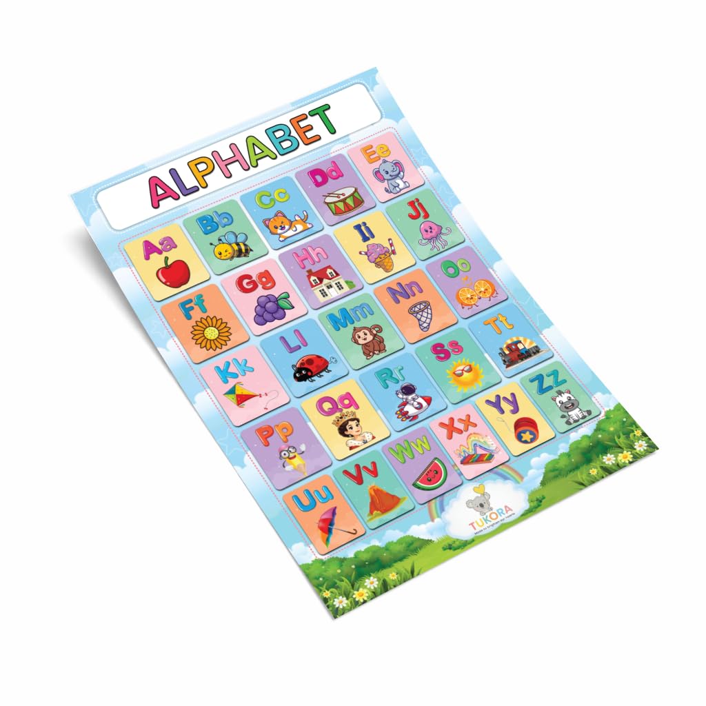 Tukora Alphabet Poster for Kids ABC Wall Chart with Uppercase and Lowercase Letters Colourful Educational Nursery Poster with Animals and Objects Preschool Classroom Learning Decor Premium UK Made