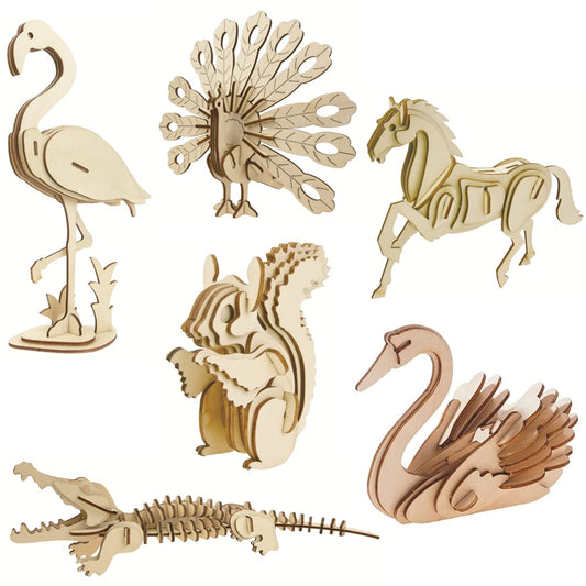 3D Wooden Wild Animal Puzzle - 6 Piece Set Wood Wild Animals Skeleton Assembly Model Kits - Wooden Crafts DIY Brain Teaser Puzzle - STEM 3D Puzzle Gifts for Adults & Teens