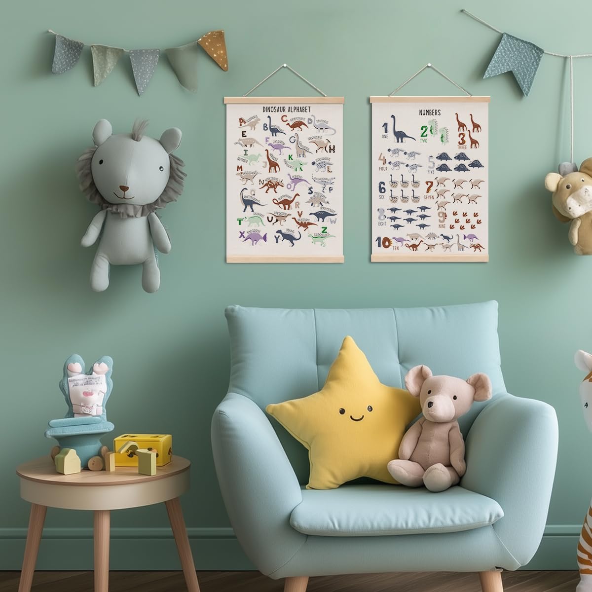 Dinosaur Number Chart Alphabet Poster Hanger, ABC Chart Wall Decor, Toddler Learning Posters, Educational Posters Homeschool Supplies, Dinosaur Gifts Wall Art Wall Hanging Banner Bedroom Nursery Decor