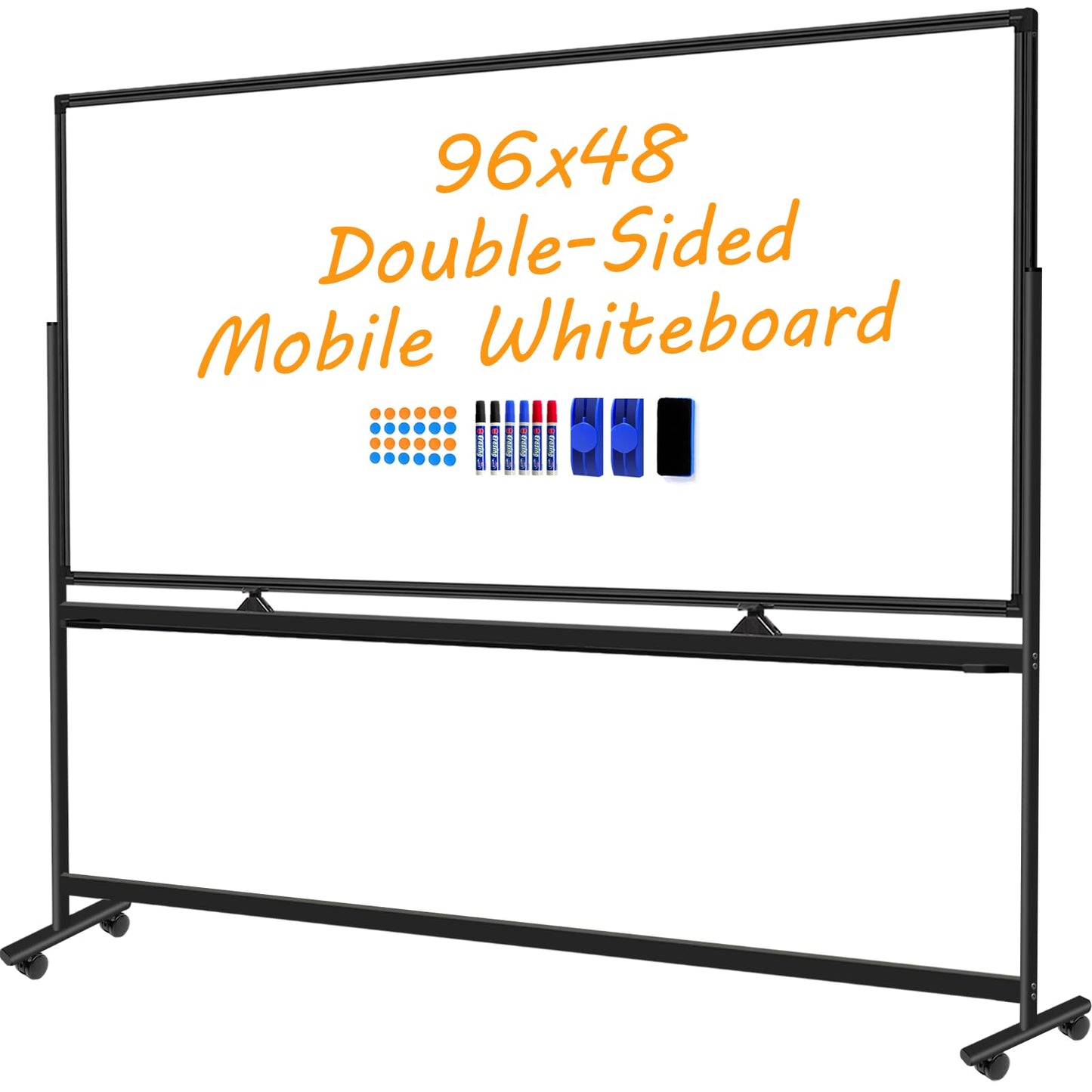 Large Magnetic Rolling Whiteboard on Wheels, 96 x 48 Inches, Double-Sided Mobile White Board with Stand, 8' x 4' Dry Erase Board with Stand for Office, School, Home, 3 Eraser, 6 Markers, 24 Magnets