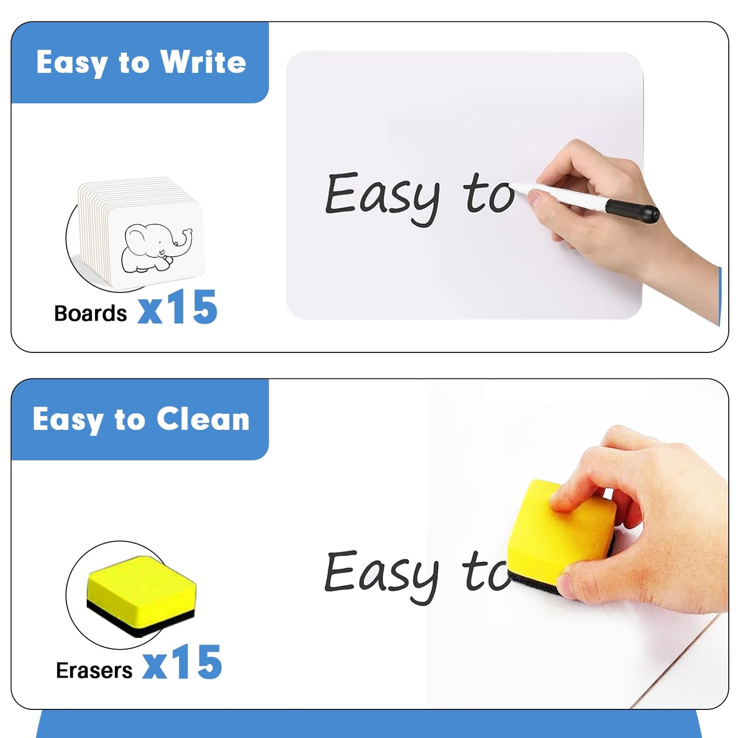 Dry Erase Lapboards, HERKKA 15 Pack Double Sided Small Dry Erase Whiteboards 9 x 12.5 Inch with 15 Erasers, Small Dry Erase Boards for Classroom Teacher Supplies, Personal White Boards for Students