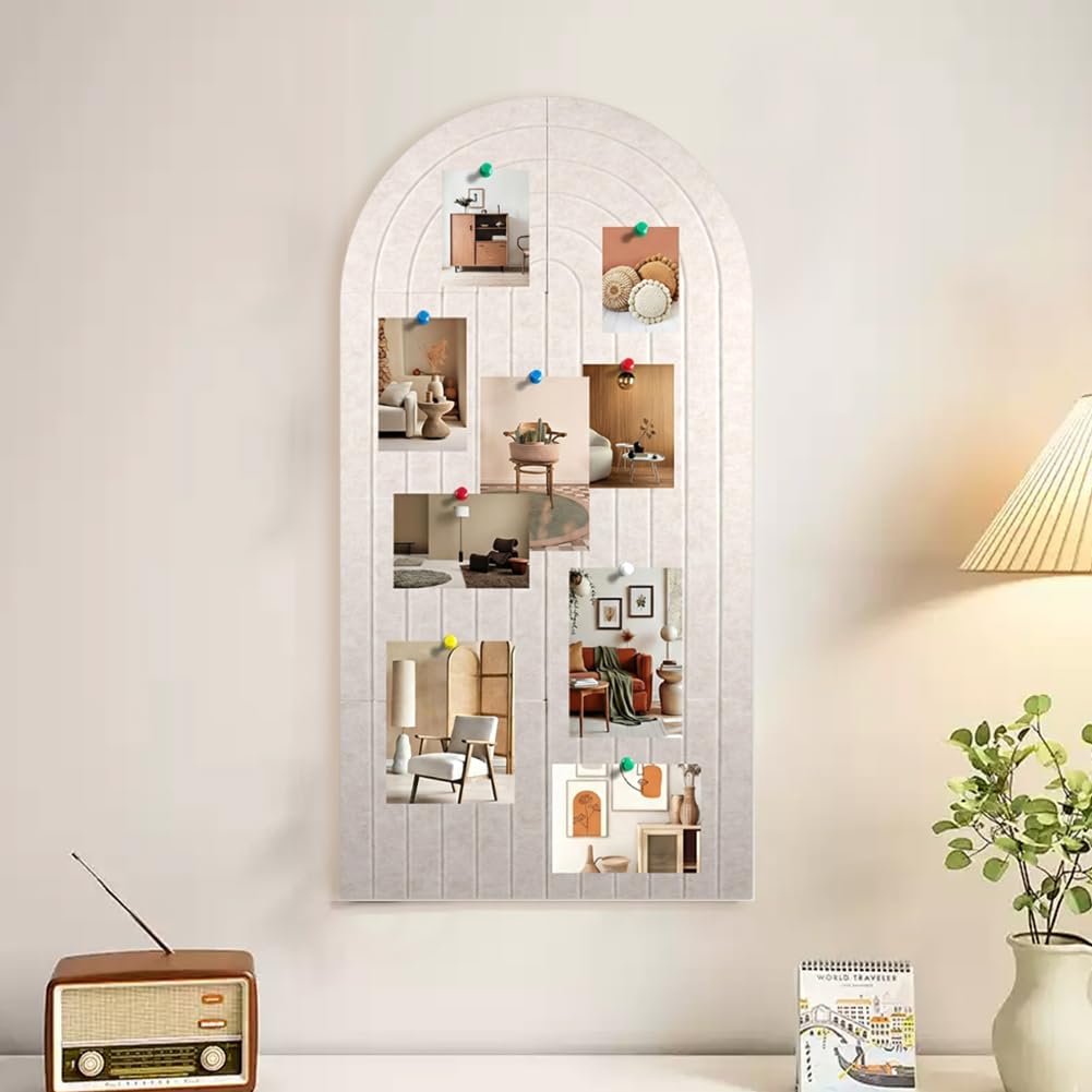 Large Arched Felt Bulletin Board, 47" x 24" Cork Board Alternative with 30 Push pins, 8 Customizable Adhesive Tiles for Office, Home Wall Decor, Photos and Workspace(Camel)