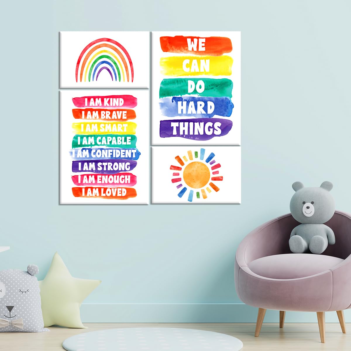 Kids Affirmation Wall Decor,Colourful Positive Daily Affirmations Wall Art Canvas Frame Poster Print for Kids Bedroom Nursery Classroom Playroom Wall Decor,Set of 6