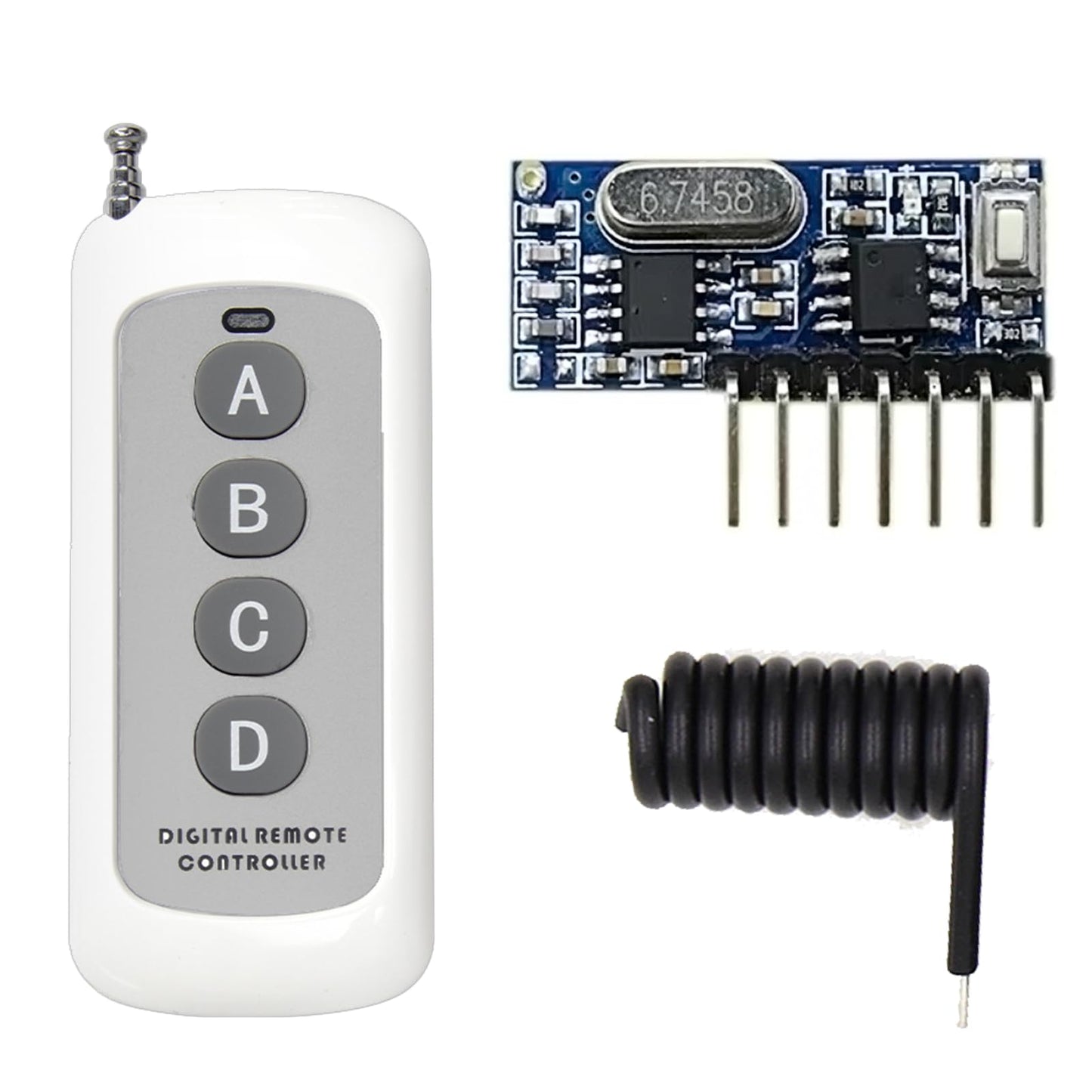 QIACHIP 433MHz Wireless Remote Control Switch Mini Receiver Built-in Learning Code 1527 Decoding 4 Channel Output with 656 FT Long-Distance 4-Button Transmitter White