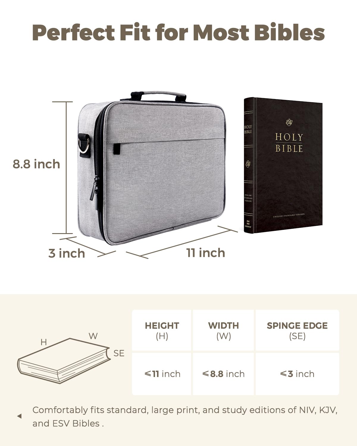 WEMATE Large Capacity Bible Cover Case, Waterproof Study Supplies Tote Bag with Double-Layer Handle & Shoulder Strap, Bag for Women and Christian (Grey)
