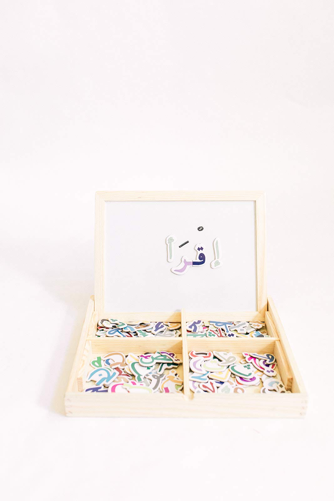 ILM Toolbox Build-A-Word Magnetic Arabic Letter Alphabet Set for Kids, 143 Wooden Arabic Letters in a Wooden Storage Box with Dry Erase Board