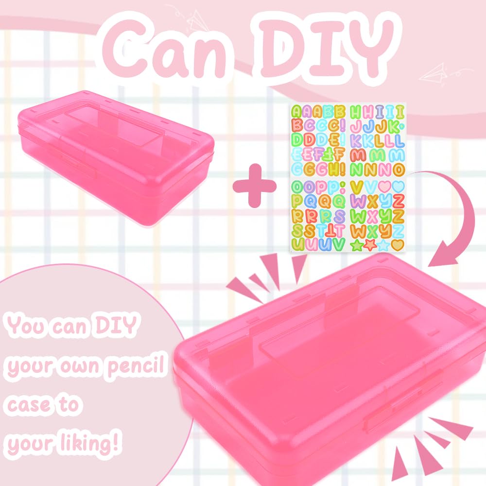 Blue Large Plastic Pencil Box 3 Pack with Aesthetic Design and Hard Case, Comes with Stickers in Pink and Clear Colors