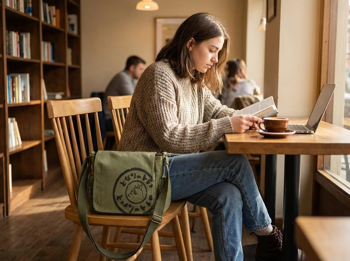Zxtvmn Japanese New 2026 My Neighbor Canvas Messenger Bags Cartoon Students Book Crossbody Bags with Mutiple Pockets, Compatible with my neighbor totoro bag (Khaki)