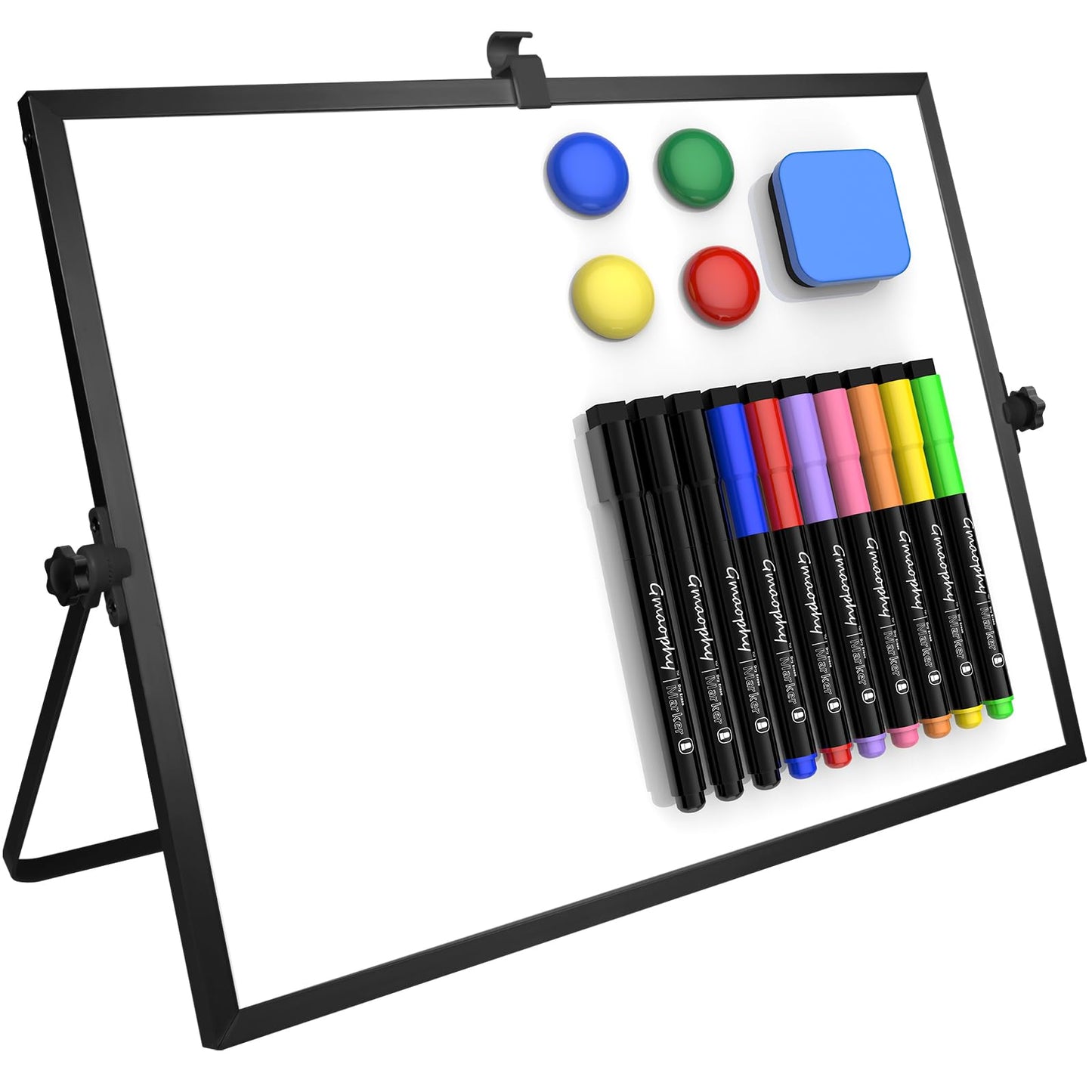 Dry Erase White Board, 16x12 Inches Double-Sided Desktop Whiteboard with Stand, Portable Whiteboard with Markers, Magnets, Eraser, Magnetic White Board Easel for Office Home Memo to Do List, Black