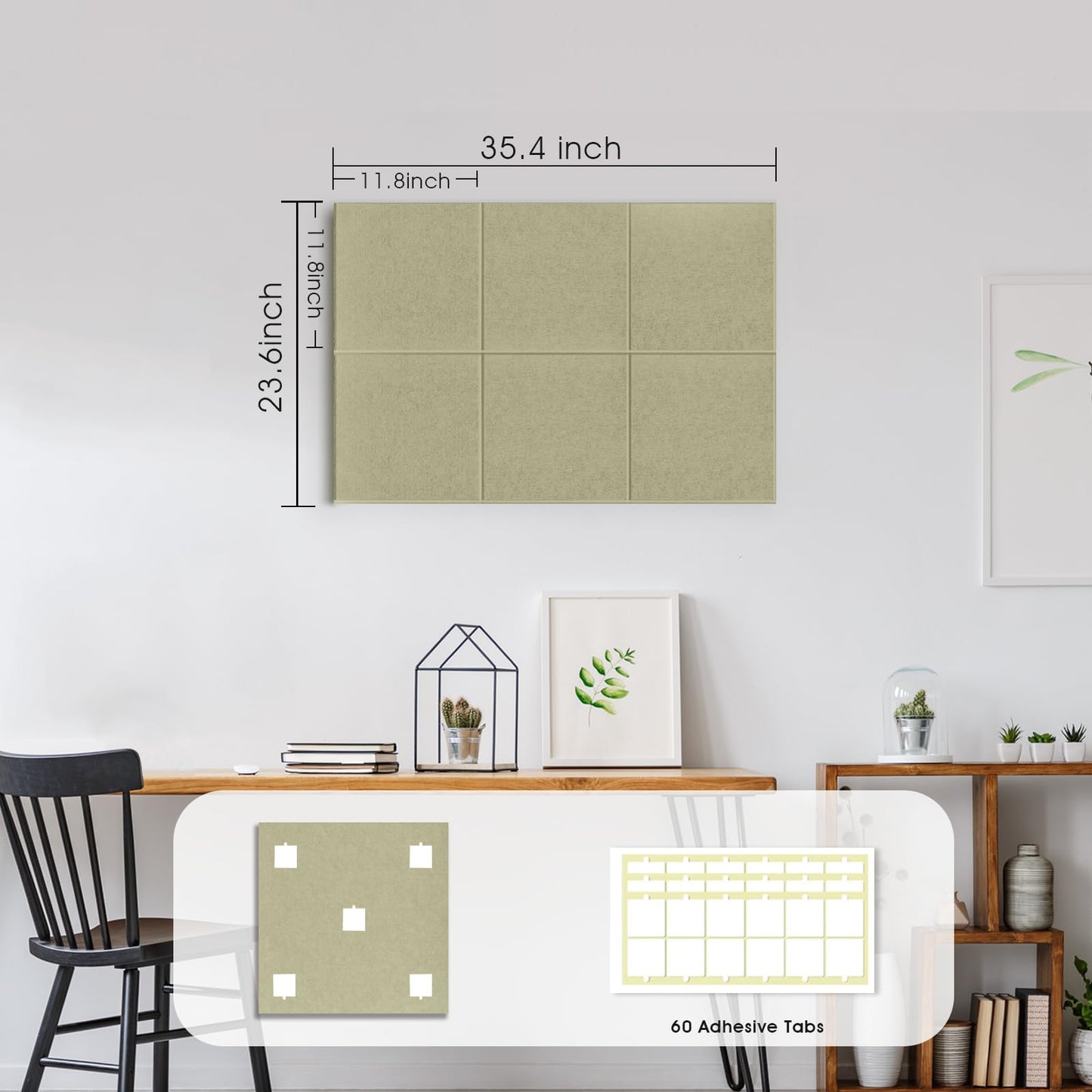 Large Cork Board for Office Wall Decor, 36"x24"- 6 Pack Felt Wall Tiles with Safe Removable Adhesive Tabs, 1/2" Thick, Felt Bulletin Board Pin Board Cork Boards for Walls - Sage Green
