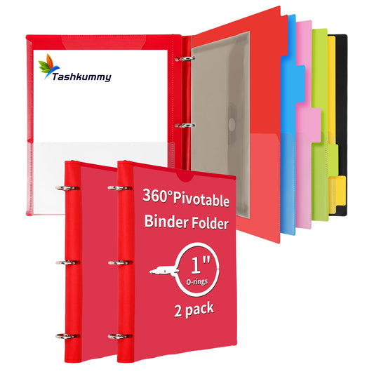Tashkummy 360 Pivotable Project Organizer, 2 Pack 3 Ring Binder with Colored Tab Dividers with Pockets, Customizable Front Cover Multi Pocket Folder for Home, School, Office - Red