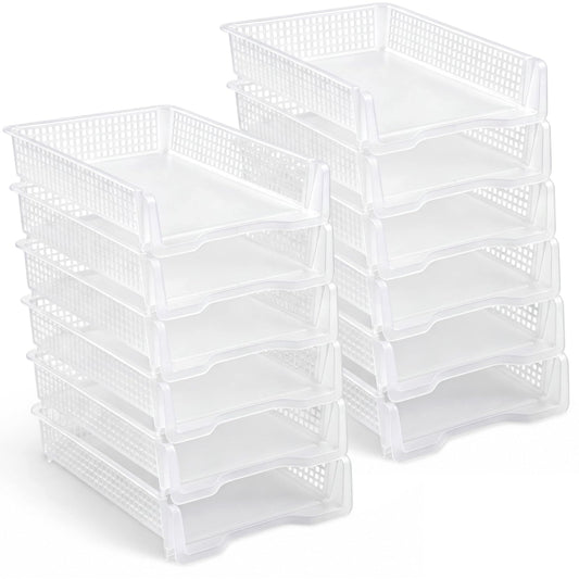 Geetery Set of 12 Plastic Trays for Teachers Turn in Trays Classroom Stackable Paper Tray Plastic Classroom Teachers Desk Letter Organizer Storage Baskets for Office, Desk, Home (Clear)