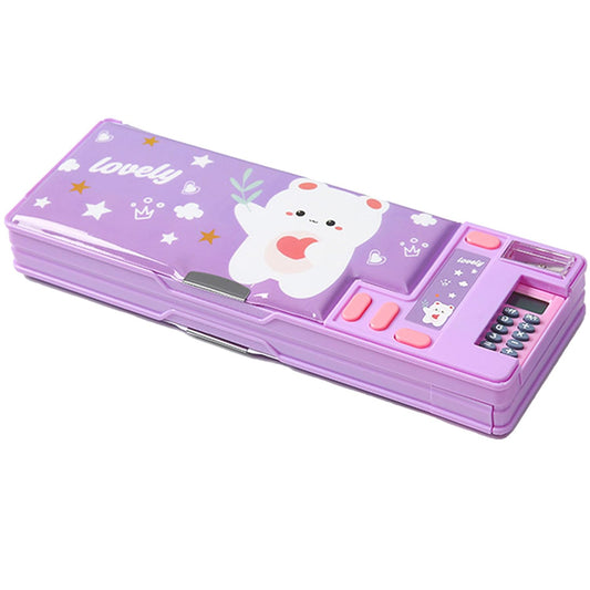 LilyBeauty Multifunction Pencil Case with Calculator, Pencil Sharpener and Curriculum, Multiple Cute Patterns, Suitable for Elementary School Girls, Boys, Great Gifts for Kids (Purple)