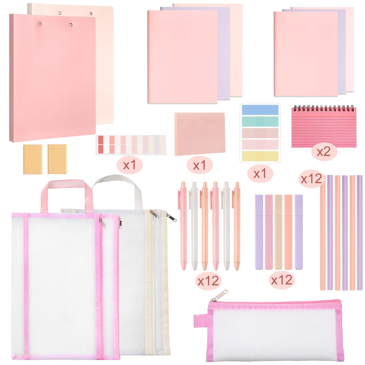 Colarr 54 Pcs Cute Notebook Stationery Set for Women, Bible Study Supplies, 6 Lined Notebooks, 36 Pens, Sticky Notes & Tabs, Bags & Folders for Work Journal Study College Office Supply(Pink)
