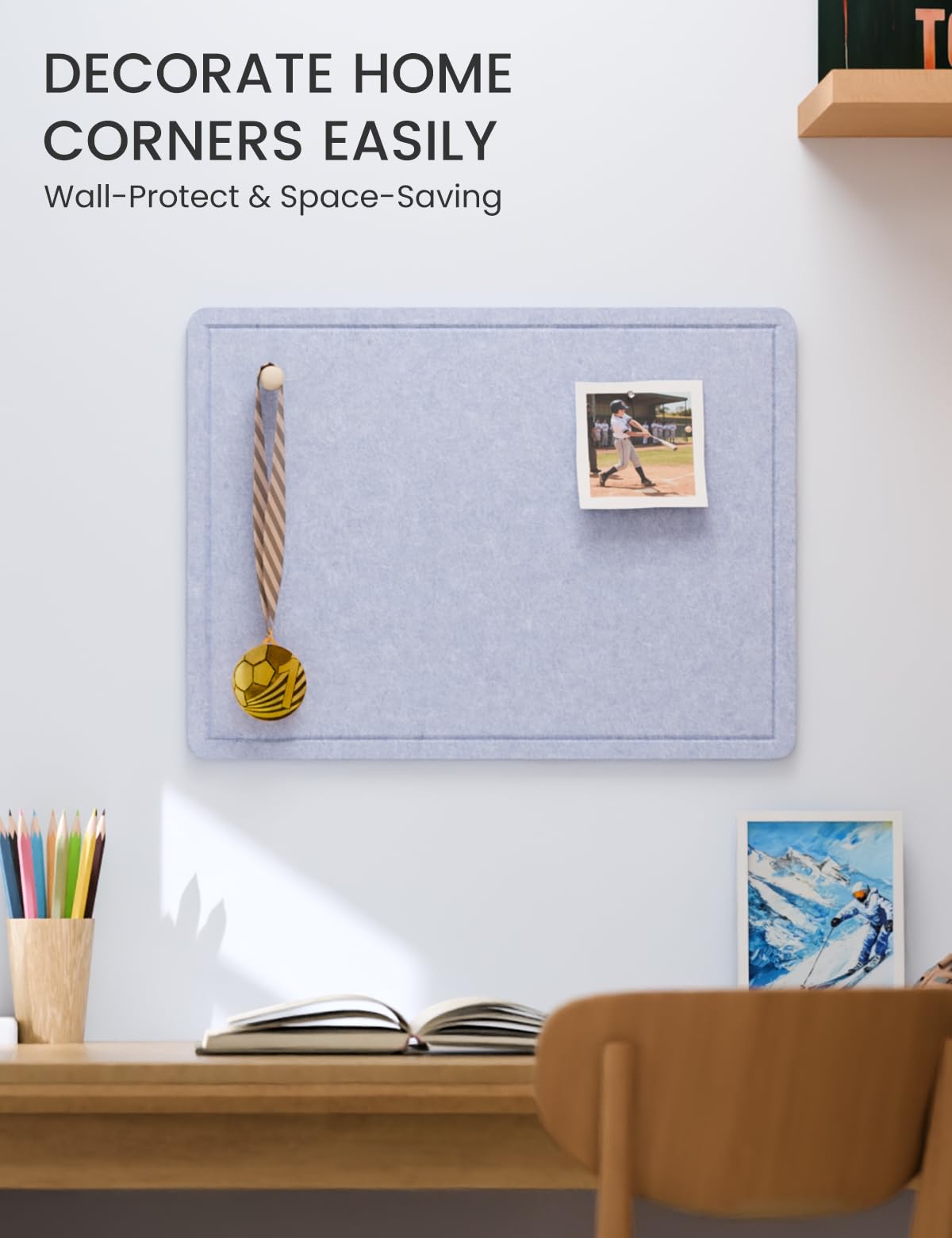 Fluxynara Bulletin Board, 23.6" x 17.5" Cork Board Alternative with 12 Safe Removable Adhesive Tabs, Foldable Felt Pin Board for Home Office, Classroom, Bedroom,Entryway for Walls—Soft Periwinkle