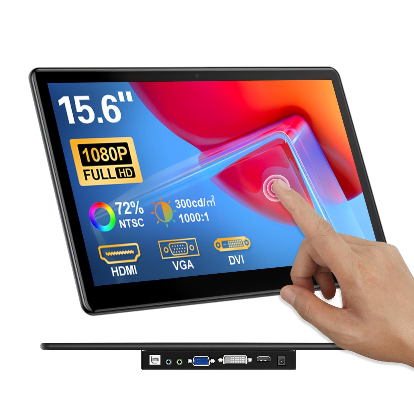 15.6" Portable Touchscreen Monitor, FHD 1920×1080 IPS Ra Pi Touch Screen Monitor for Laptop HDMI VGA DVI 10-Point Touchable Display VESA 75x75 Mountable for Laptops PC Pi POS Kiosk Home Industrial