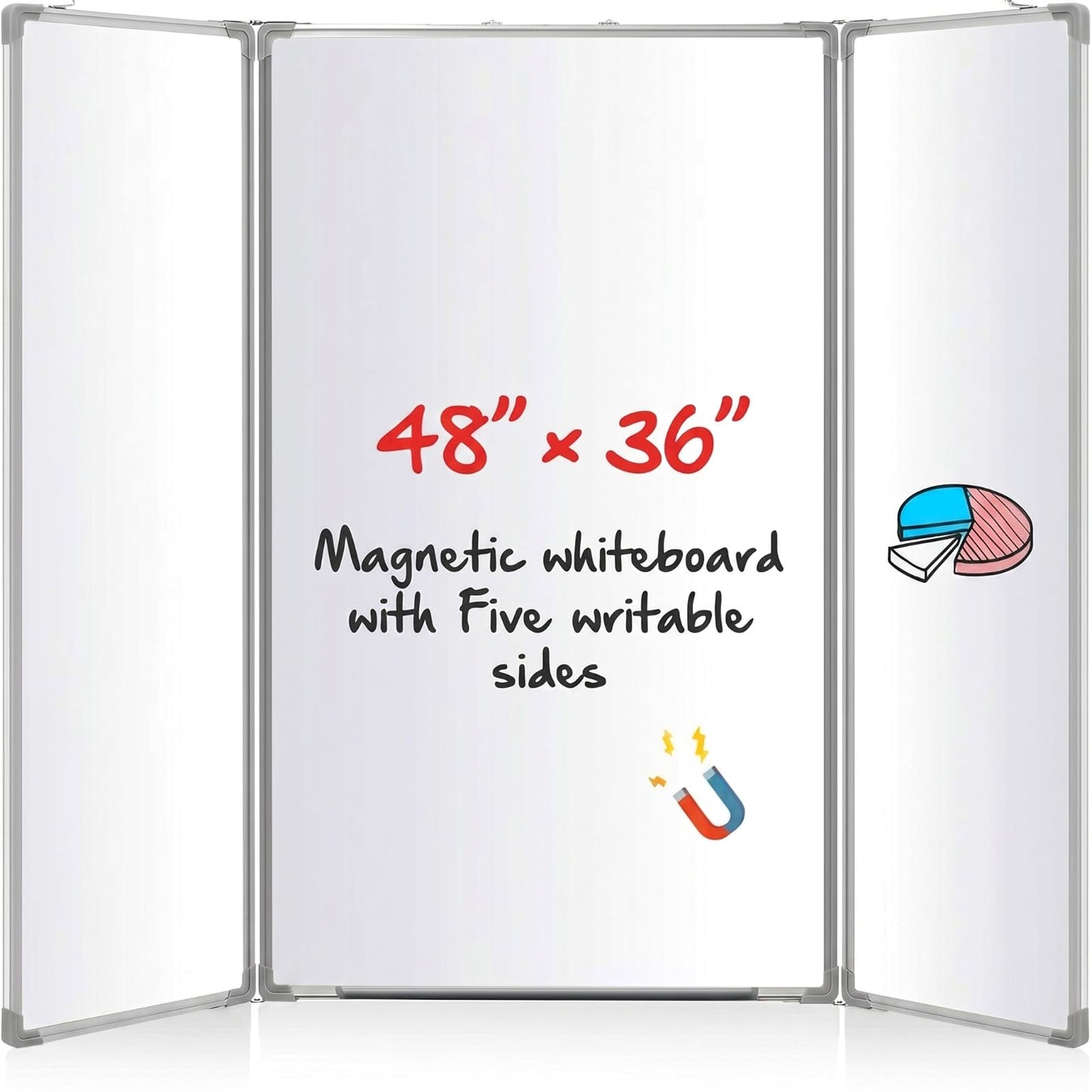 AmazingSpark 48” x 36” Foldable Whiteboard Dry Erase Board Large Tri Folding Whiteboard Magnetic Dry Erase Board, Wall Aluminium Frame and Pen Tray for Office, Home