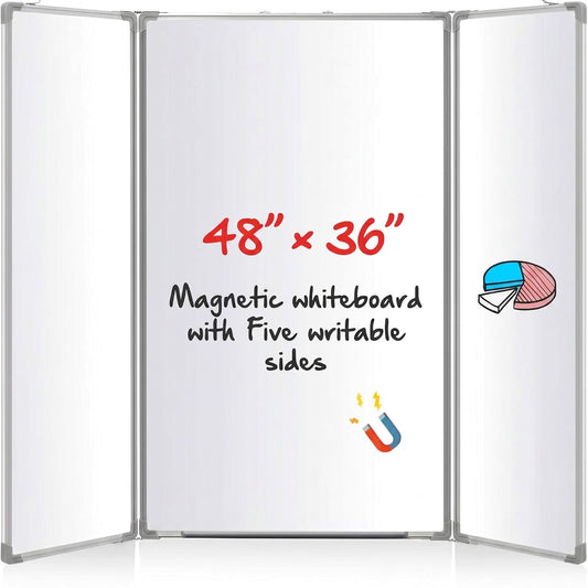 AmazingSpark 48” x 36” Foldable Whiteboard Dry Erase Board Large Tri Folding Whiteboard Magnetic Dry Erase Board, Wall Aluminium Frame and Pen Tray for Office, Home
