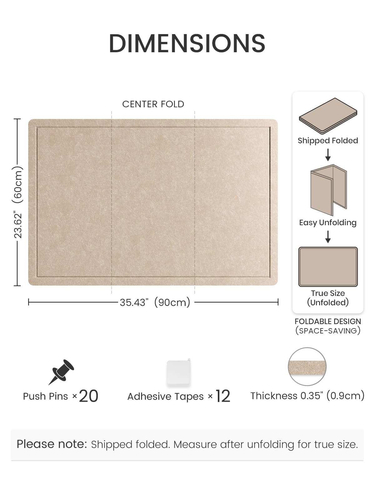 Fluxynara Bulletin Board,35.4" x 23.6" Cork Board Alternative with 12 Safe Removable Adhesive Tabs, Foldable Felt Pin Board for Home Office, Classroom, Bedroom,Entryway for Walls—Taupe