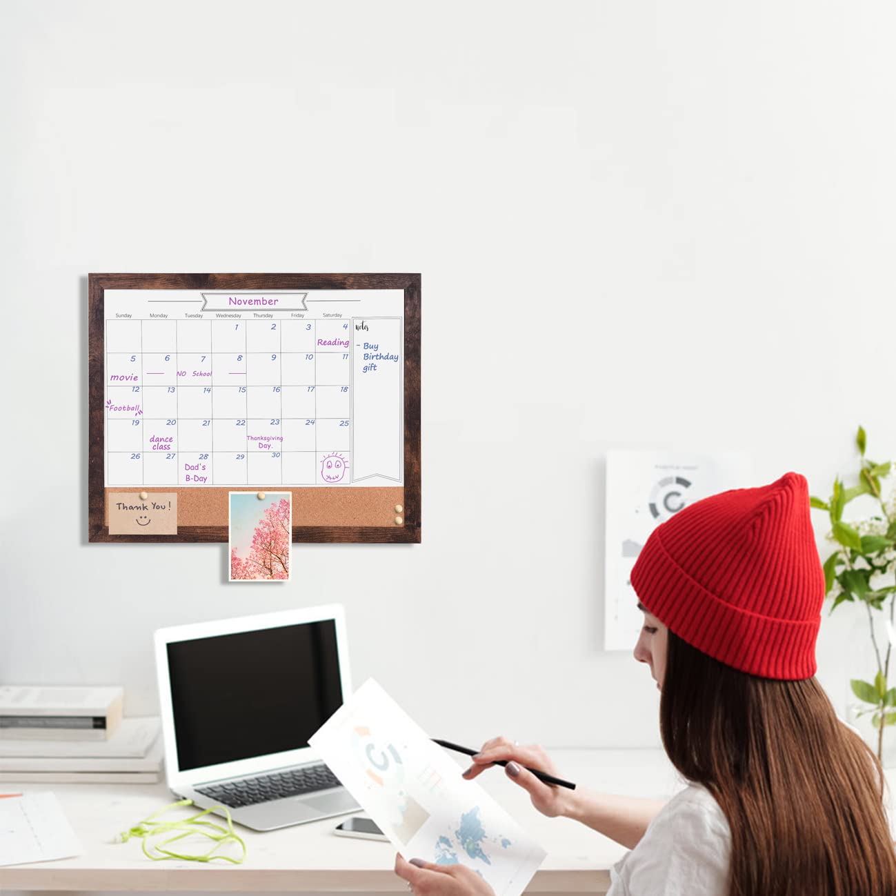 Dry Erase Calendar Whiteboard for Wall, Small Combination Magnetic Dry Erase White Board & Bulletin Board, 13" x 17" Walnut Brown Frame Calendar/Cork Combo Board(WB-3343)