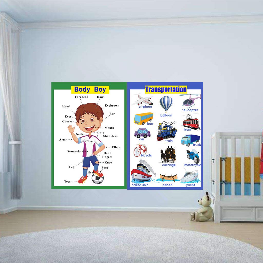 SANTSUN 2 Pcs of Set Educational Preschool Poster for Toddlers and Kids|Great for Nursery Homeschool Kind Classroom decorations|School Wall Decor- Transportation,Body Parts (17x24in)