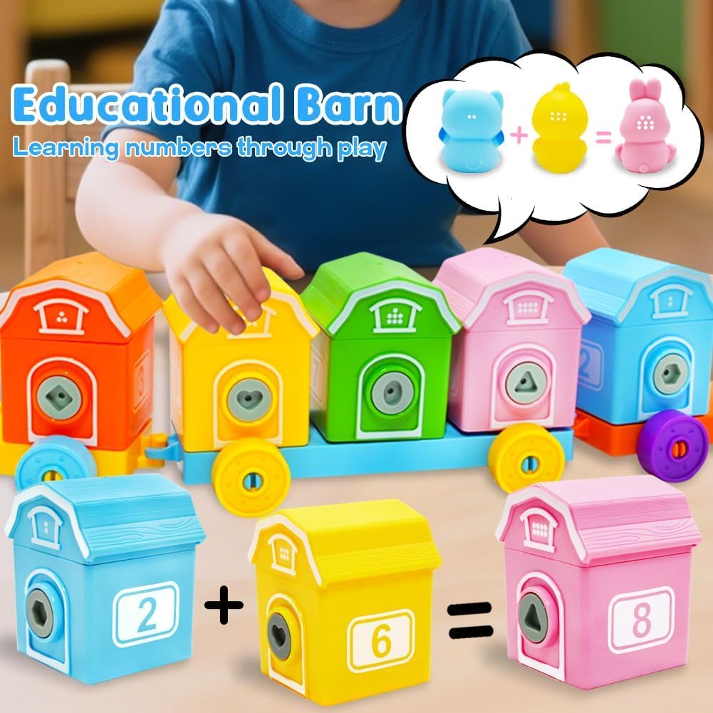 Kimicare Learning Montessori Toys for Toddlers, Sensory Farm Animals Train Toys with 10 Finger Puppets 1 Farmer, Counting Matching Sorting Barns with Keys Birthday Gifts Christmas Stocking Stuffers