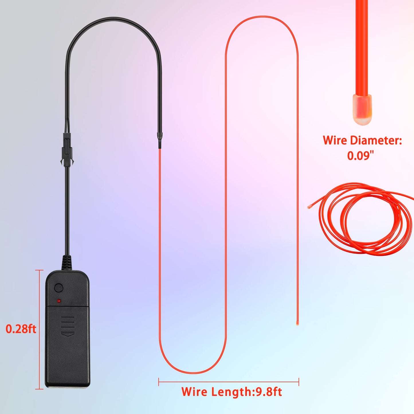 Hortsun 10ft EL Wire Neon Lights - Battery Powered, 15 Pack, Multi-Color (Red, Purple, White, Blue, Green, Yellow, Orange) - Model WA-Horts