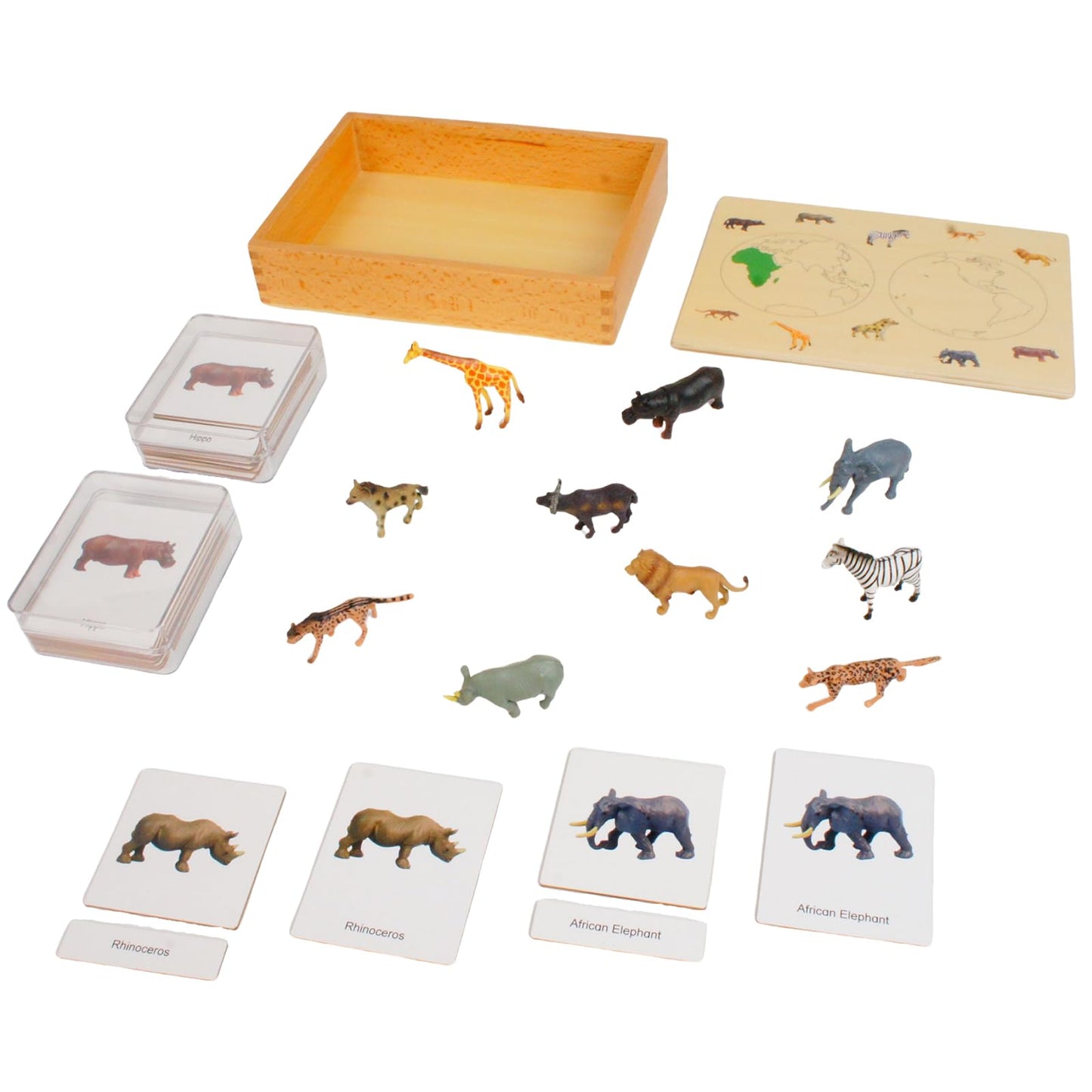ancona African Animals, Spanish/English Bilingual, Montessori Preschool Memory Matching Game Box Set with Animal Figurines & 3-Part Cards, Early Education Toy
