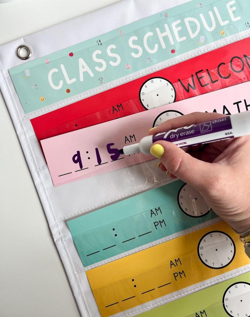 Callie Danielle Classroom Schedule Board, 13 x 35 inches, Dry Erase Pocket Chart with 17 Subject Inserts